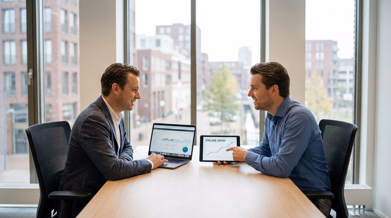 MKB-ondernemer bespreekt online marketing uitbesteden met adviseur op kantoor MKB-ondernemer bespreekt online marketing uitbesteden met adviseur op kantoor