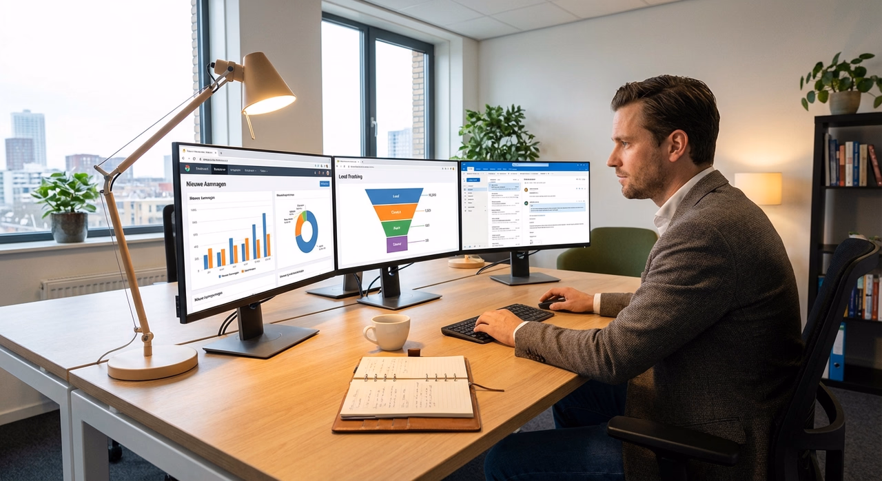 Ondernemer monitort real-time lead opvolging op computer dashboard met AI-systeem