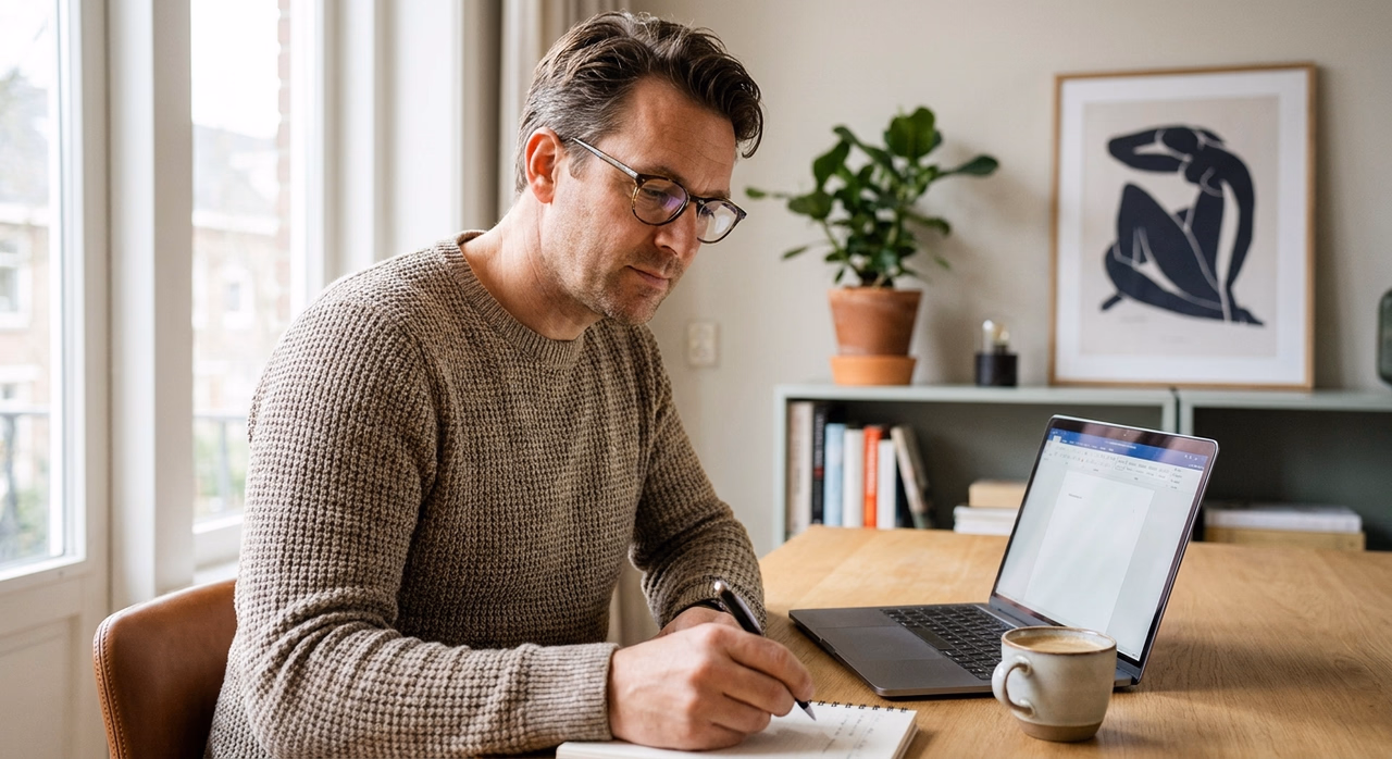 Ondernemer schrijft professionele teksten aan bureau met laptop en notitieboek
