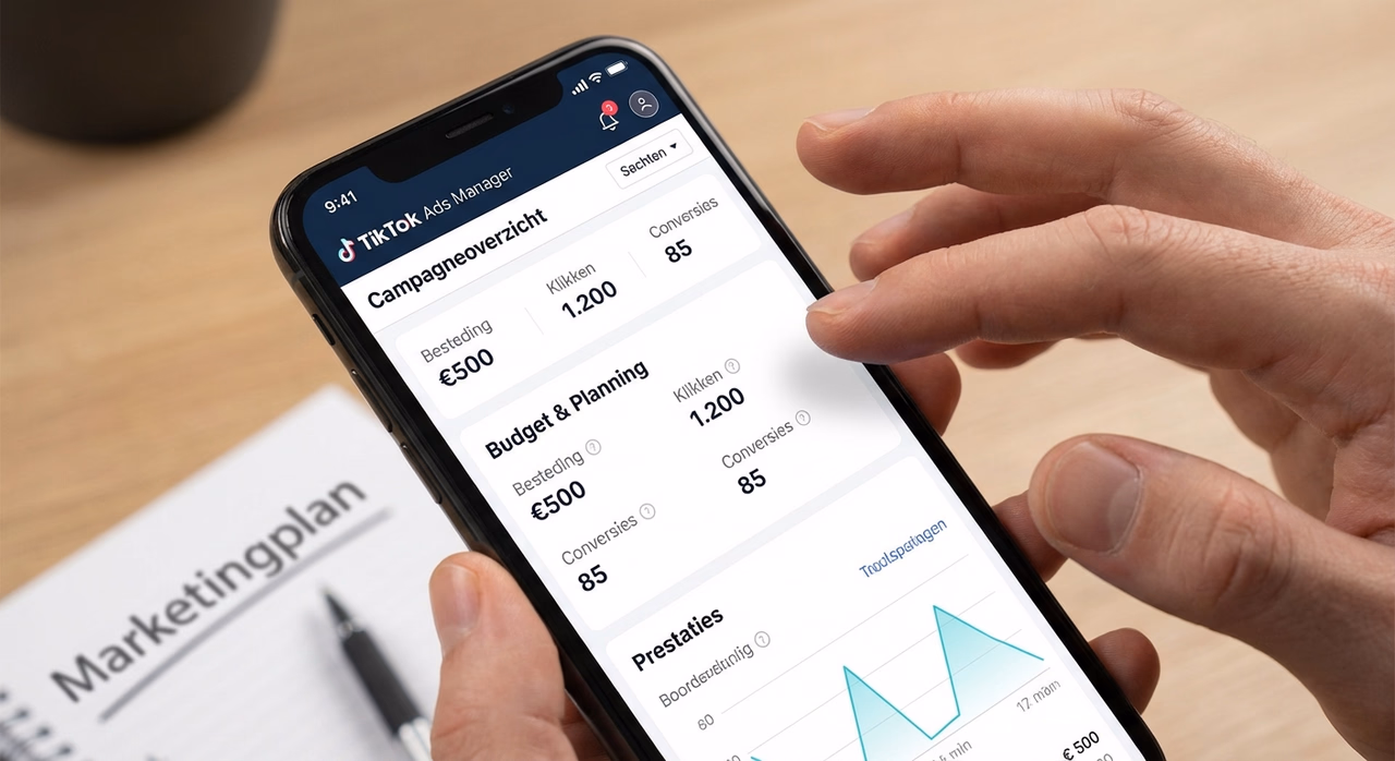 TikTok Ads Manager interface showing campaign setup and performance metrics on mobile screen