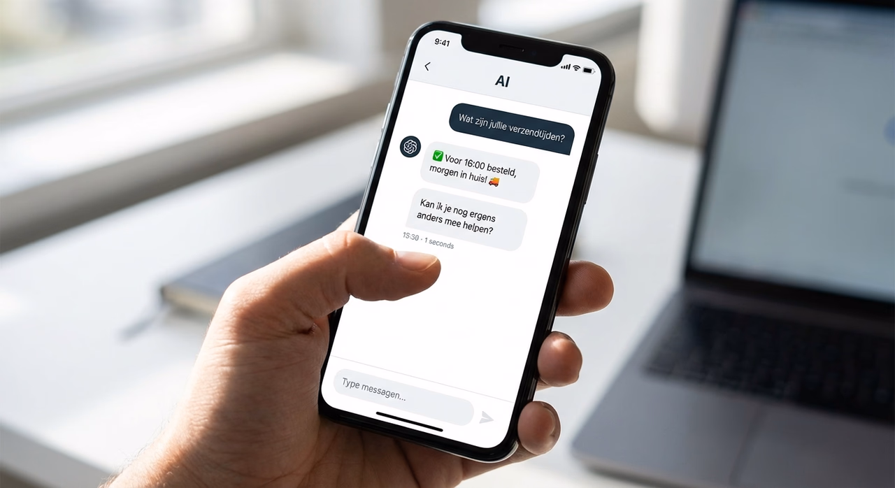 Smartphone screen showing AI chatbot responding quickly to customer service question about shipping times