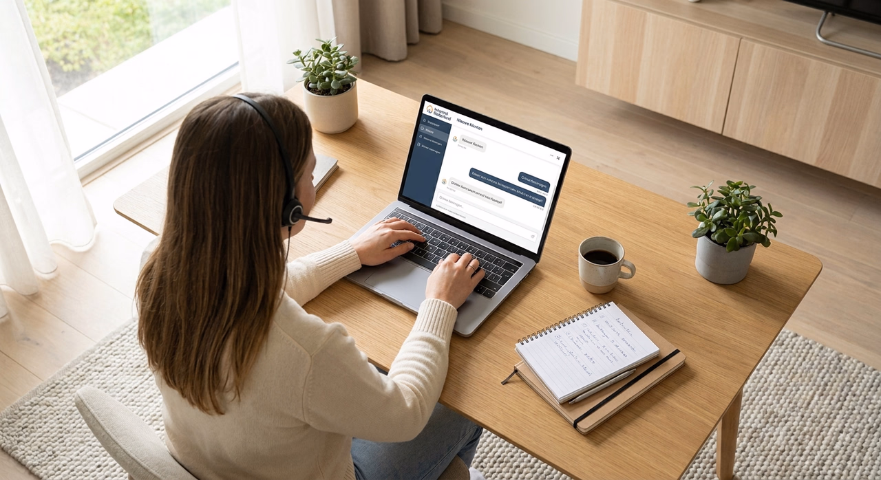 Virtual assistant beantwoordt chatberichten op laptop in thuiskantoor Virtual assistant beantwoordt chatberichten op laptop in thuiskantoor