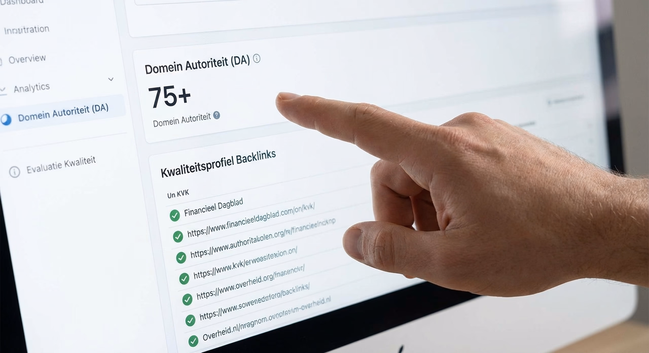 Closeup van linkbuilding analytics met domeinautoriteit scores en kwaliteitsindicatoren op scherm