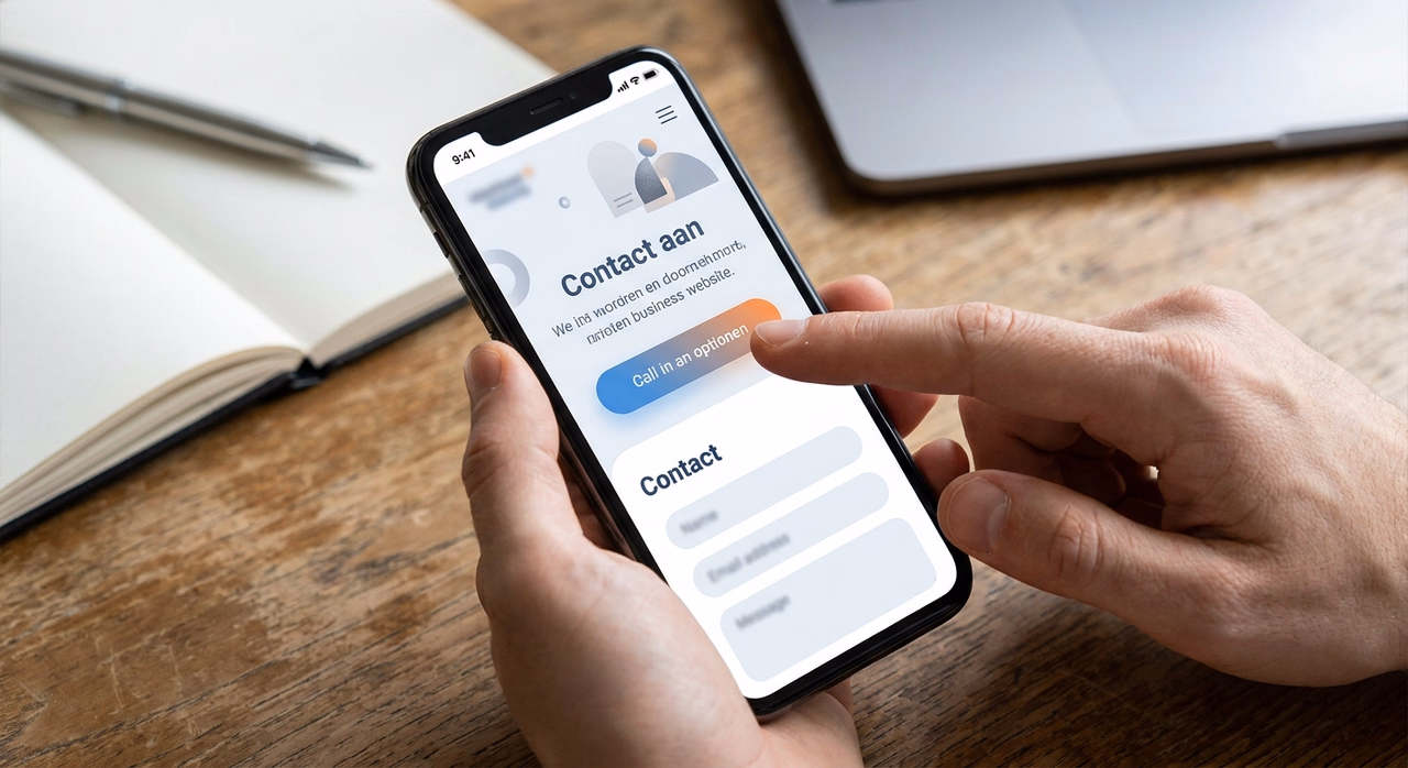 Hand tikt op geoptimaliseerde call-to-action knop op mobiele zakelijke website