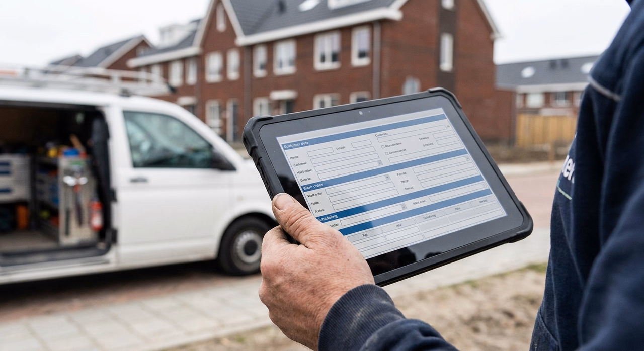 Monteur gebruikt maatwerk database op tablet voor klantgegevens en werkorders op locatie Monteur gebruikt maatwerk database op tablet voor klantgegevens en werkorders op locatie