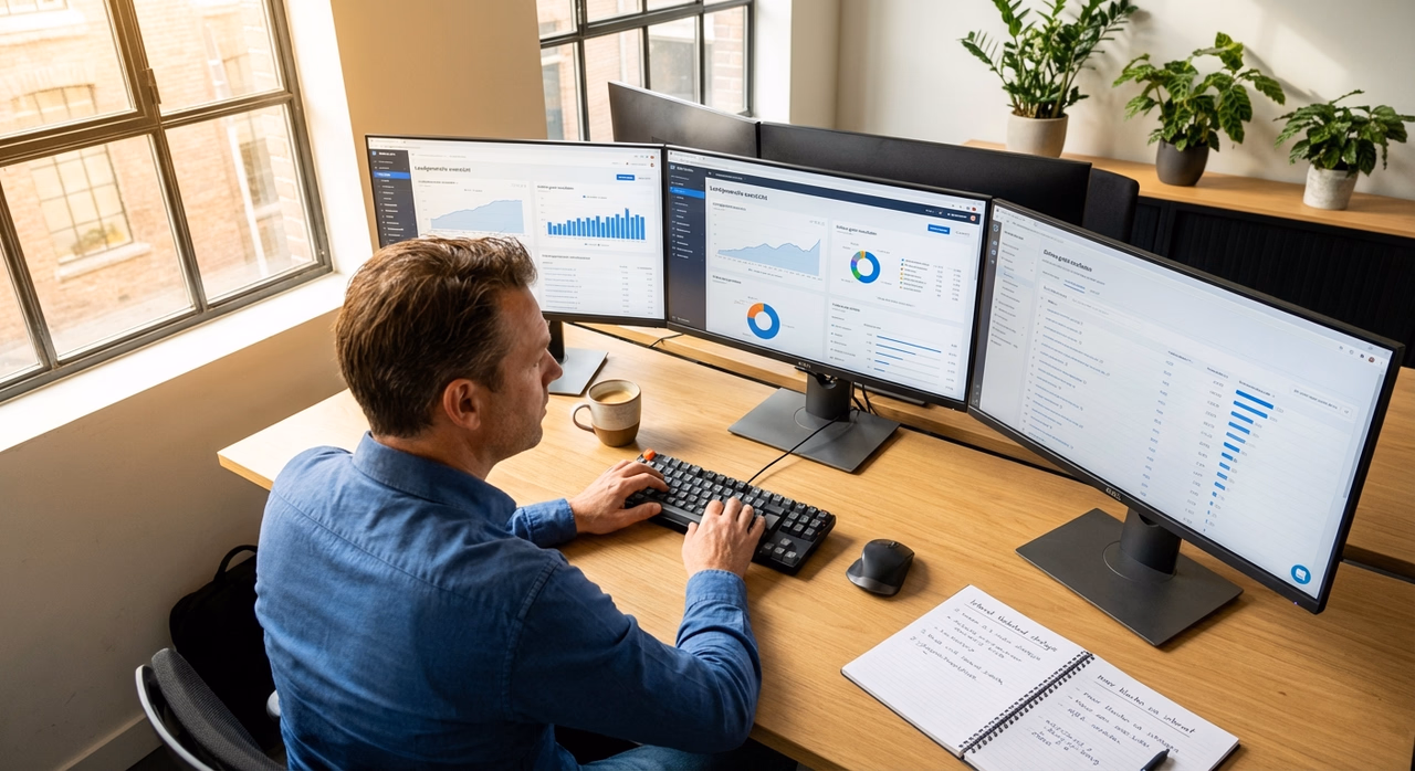 Ondernemer analyseert backlink strategie op computer dashboard voor SEO ranking verbetering