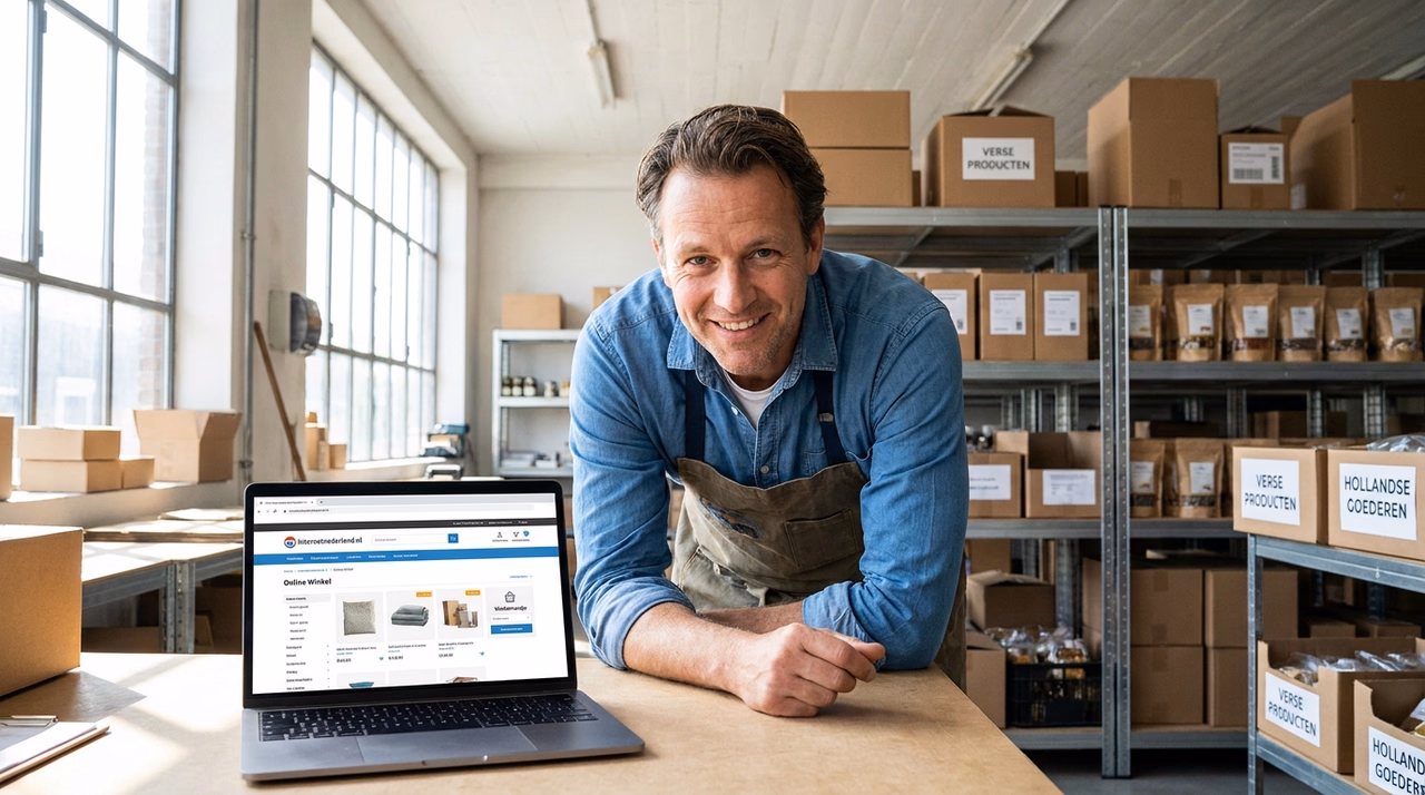 Nederlandse ondernemer bekijkt webshop op laptop in magazijn met producten op achtergrond