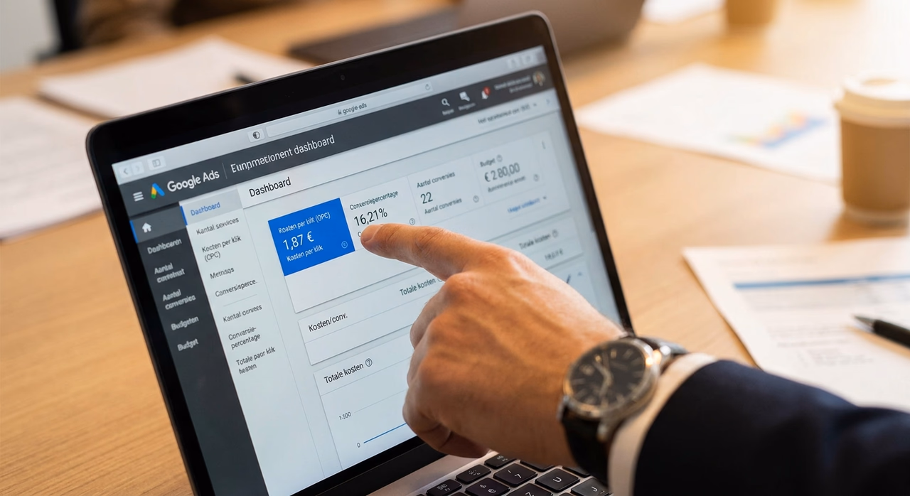 Detailshot Google Ads dashboard met kostenbewaking en conversiegegevens op scherm Detailshot Google Ads dashboard met kostenbewaking en conversiegegevens op scherm