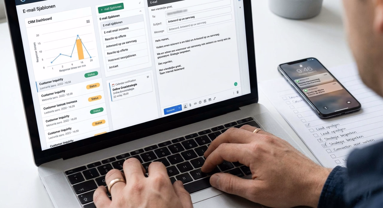 Close-up handen typen professionele email, smartphone met klantmeldingen zichtbaar Close-up handen typen professionele email, smartphone met klantmeldingen zichtbaar