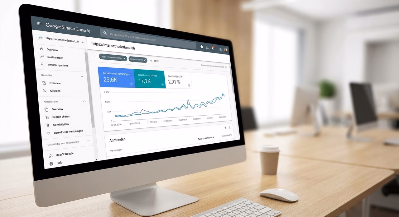Google Search Console SEO-analytics dashboard met zoekwoord metrics en performance data