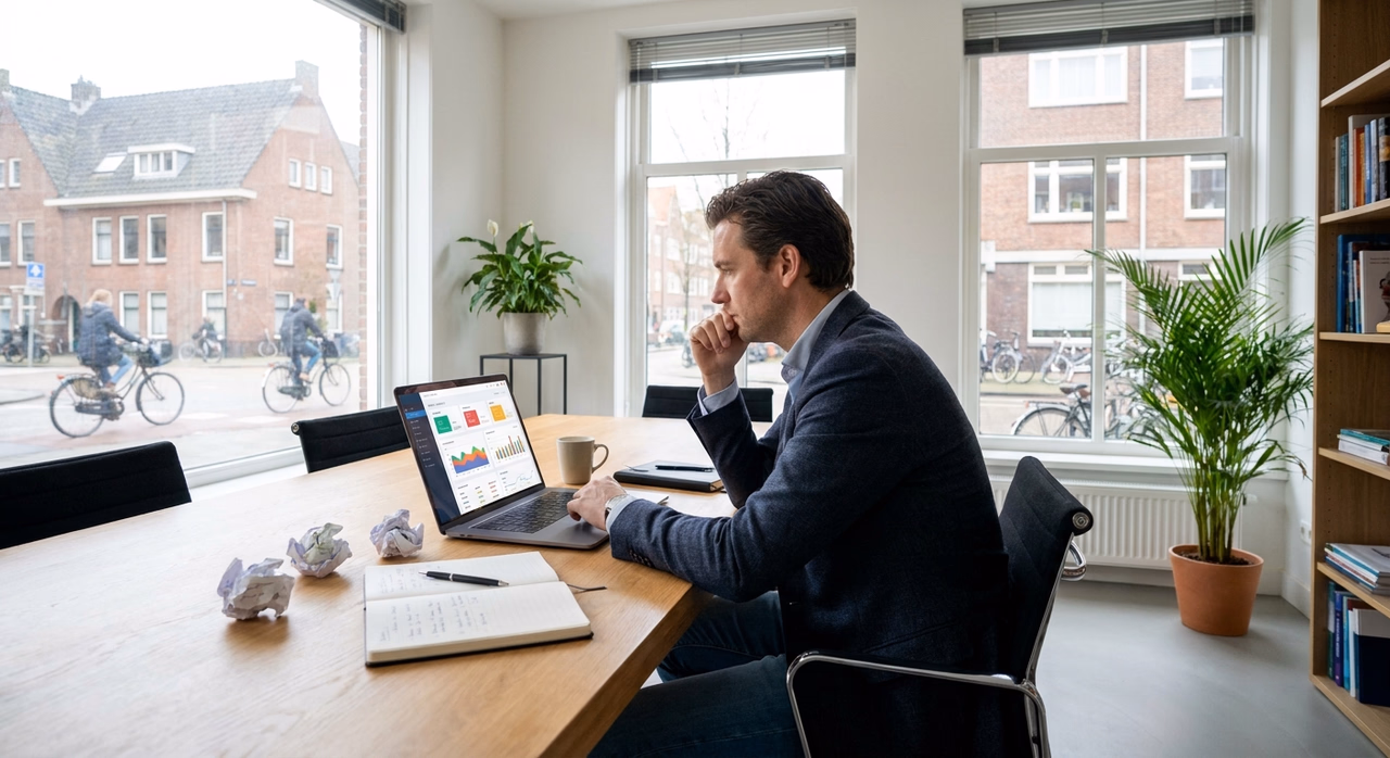 Dutch entrepreneur reviewing website analytics at desk, representing practical digital growth strategy Dutch entrepreneur reviewing website analytics at desk, representing practical digital growth strategy