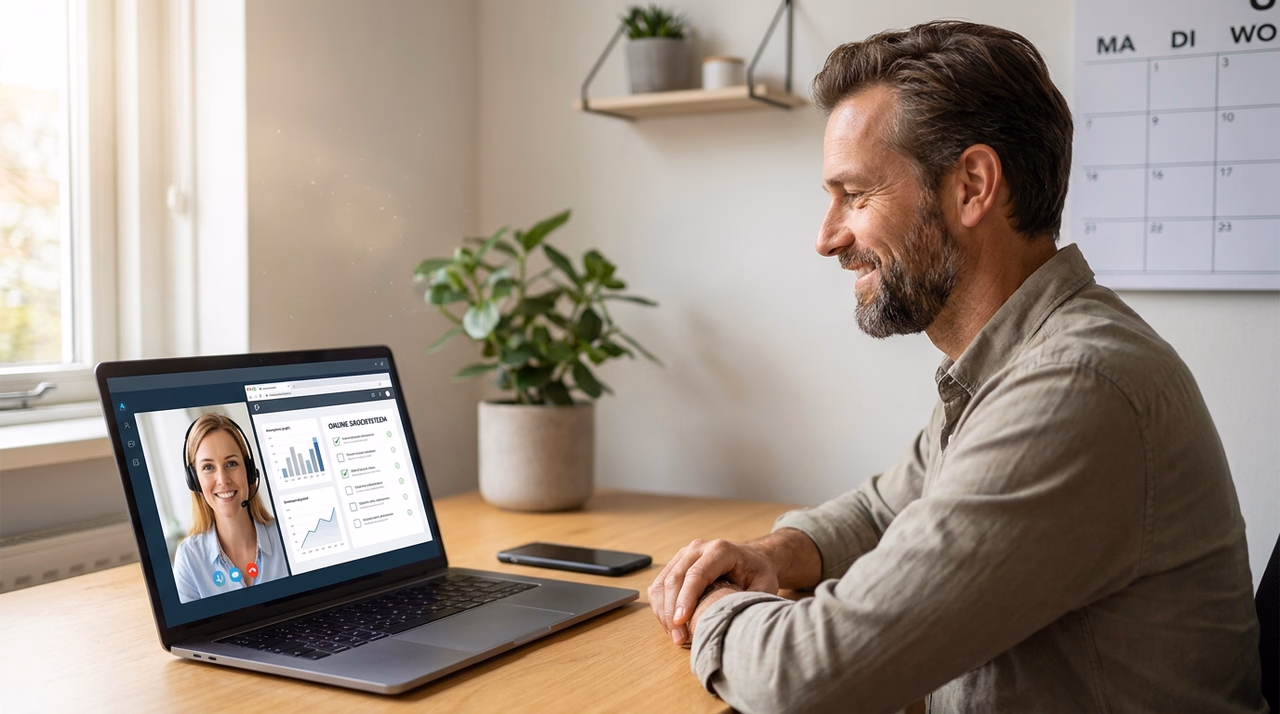 MKB-ondernemer in gesprek met Nederlandstalige virtual assistant over callcenter uitbesteden MKB-ondernemer in gesprek met Nederlandstalige virtual assistant over callcenter uitbesteden
