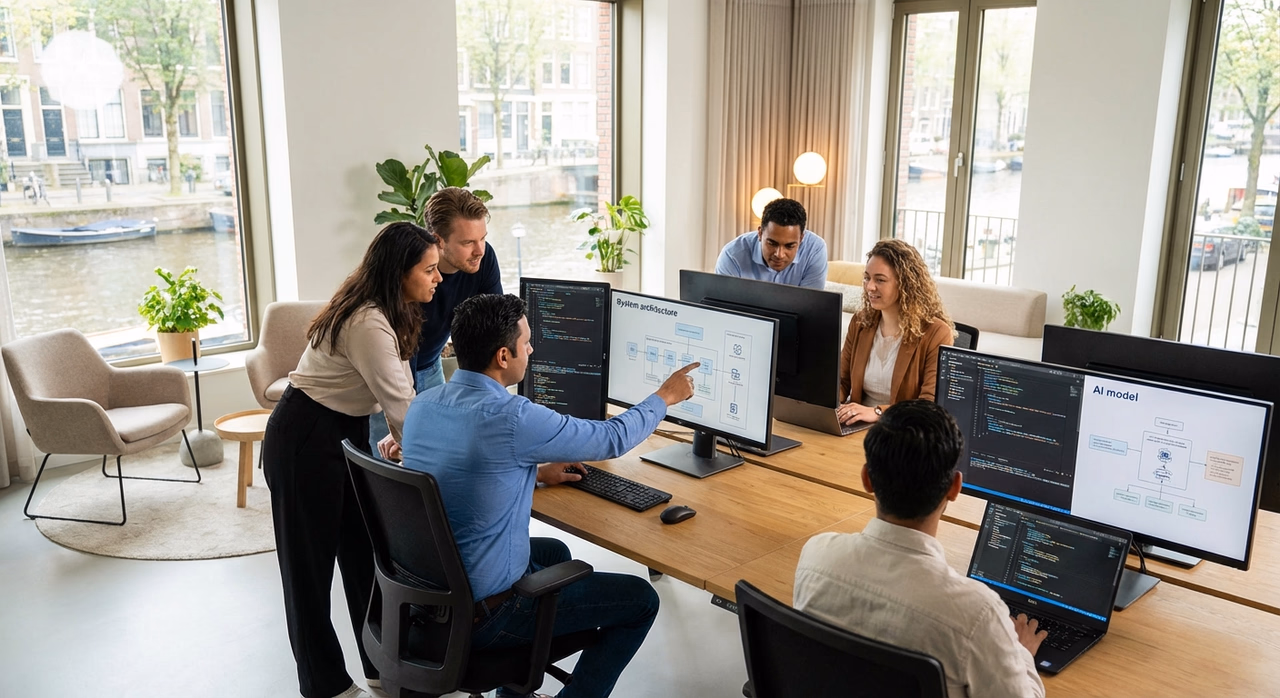 AI systeem ontwikkelingsteam werkt samen aan code en data visualisaties op monitors