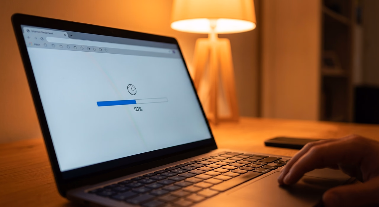 Close-up of slow website loading progress bar on laptop screen representing poor page speed performance