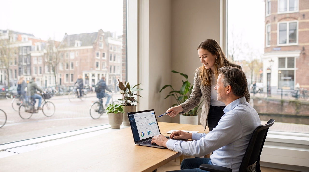 MKB-ondernemer in Nederland laat Google Ads campagne beheren door specialist op kantoor MKB-ondernemer in Nederland laat Google Ads campagne beheren door specialist op kantoor