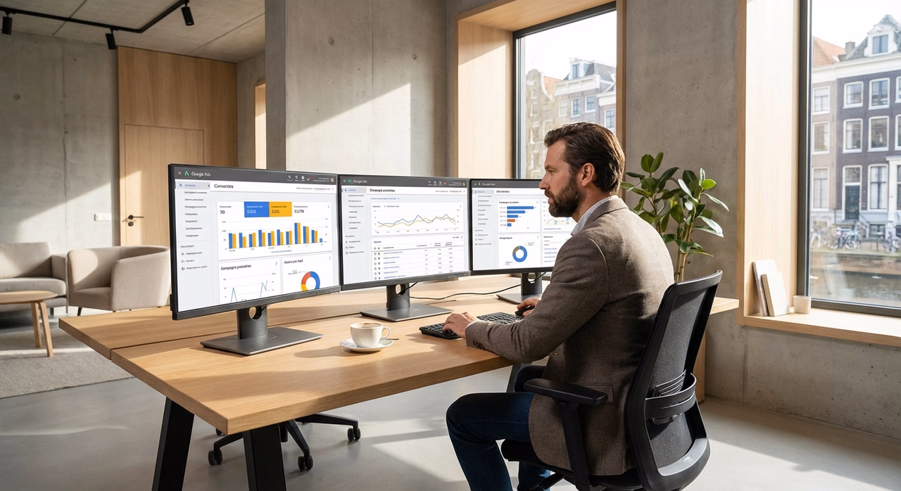 Ondernemer analyseert SEA marketing campagnes op computer monitors met grafieken en conversiedata