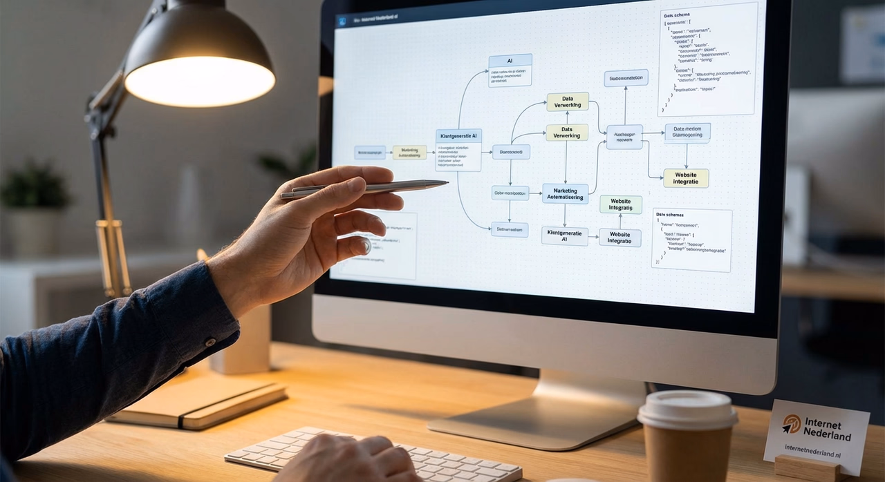 Detail van AI systeemarchitectuur en integratiediagram op computermonitor met developers hand