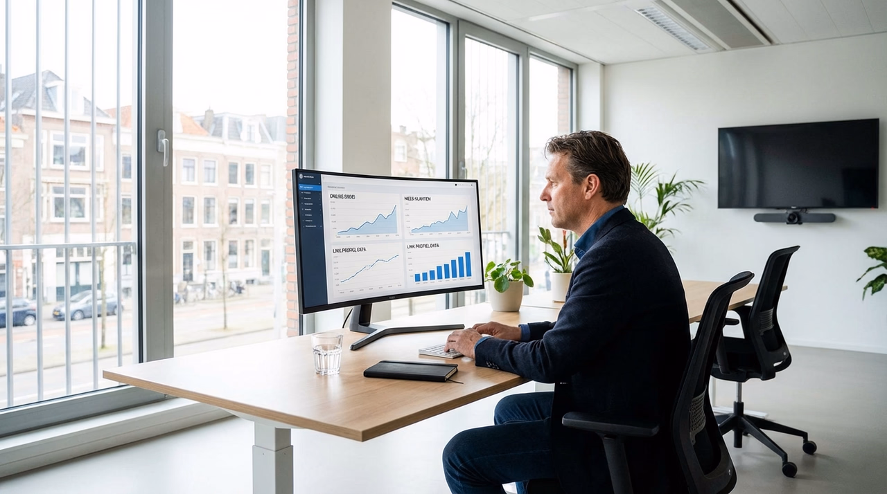 Ondernemer analyseert linkprofiel en SEO-gegevens op computerscherm in kantoor