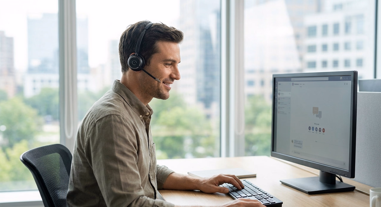 Ondernemer met headset aan bureau, ontspannen tijdens automatisch gesprek