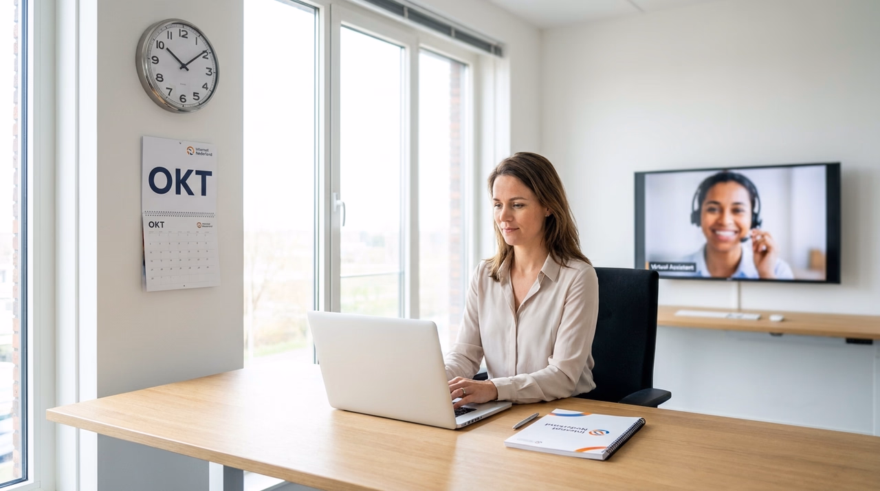 Ondernemer aan bureau met laptop, videoscherm met virtual assistant op achtergrond Ondernemer aan bureau met laptop, videoscherm met virtual assistant op achtergrond