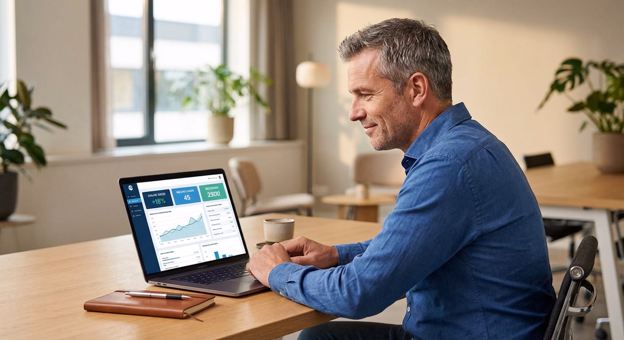 Ondernemer analyseert AI-gegenereerde leads op laptop met analytics dashboard