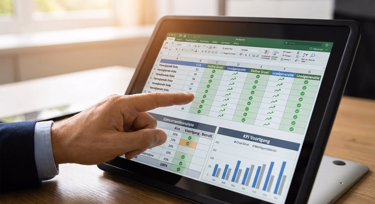Gedetailleerde weergave van linkbuilding analyse met KPI's en concurrentenvergelijking op scherm