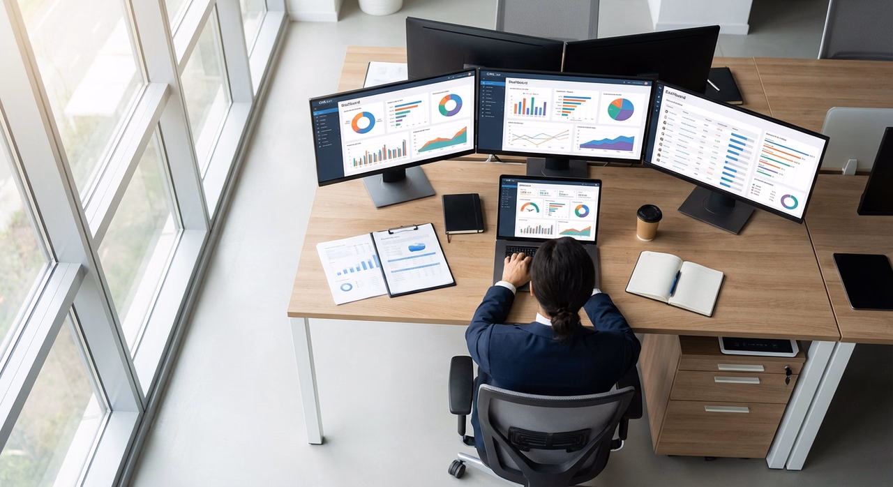 Kantoor met CRM-dashboard en datavisualisaties op computerschermen voor AI-integratie