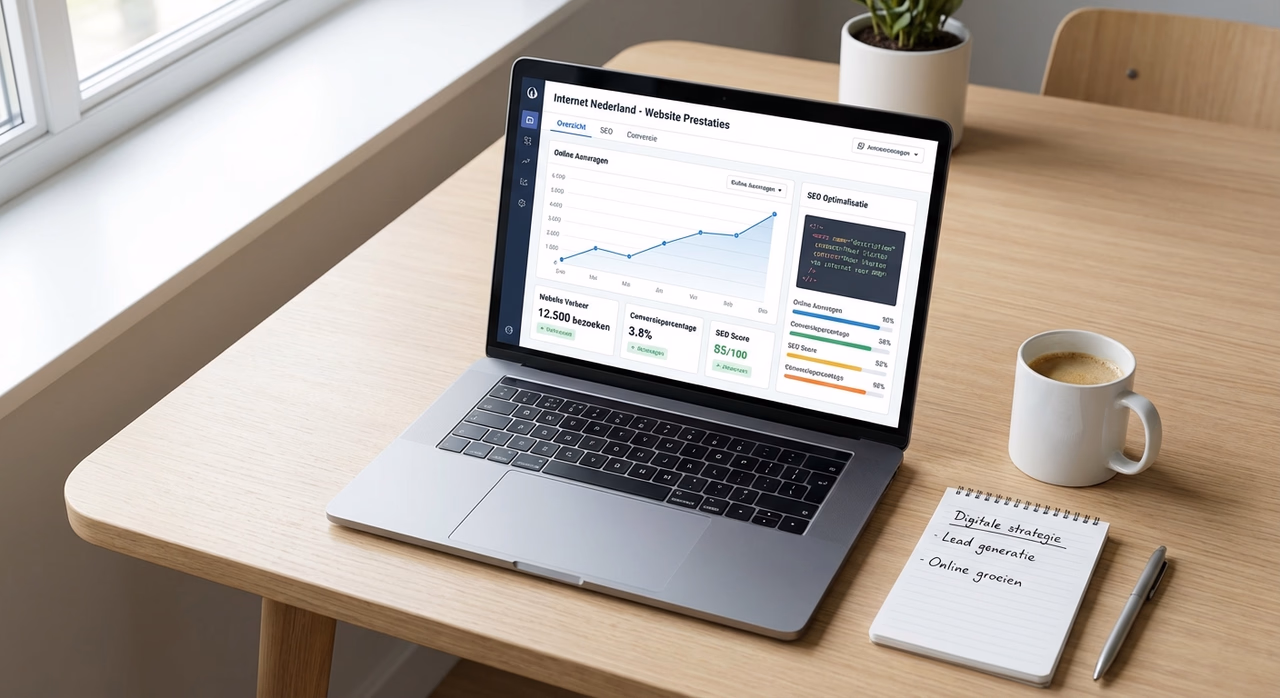 Laptop workspace showing SEO analytics dashboard with performance metrics and coffee cup