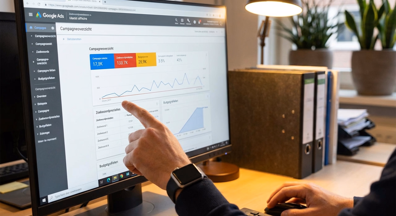 Google Ads dashboard met campagnemetreken en budgetbeheer op computermonitor