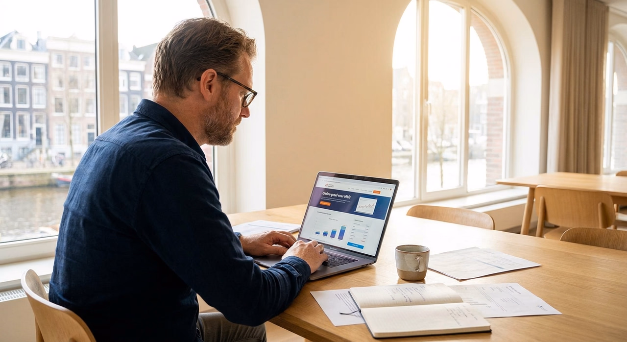 Ondernemer werkt aan blogcontent op laptop voor online groei Ondernemer werkt aan blogcontent op laptop voor online groei