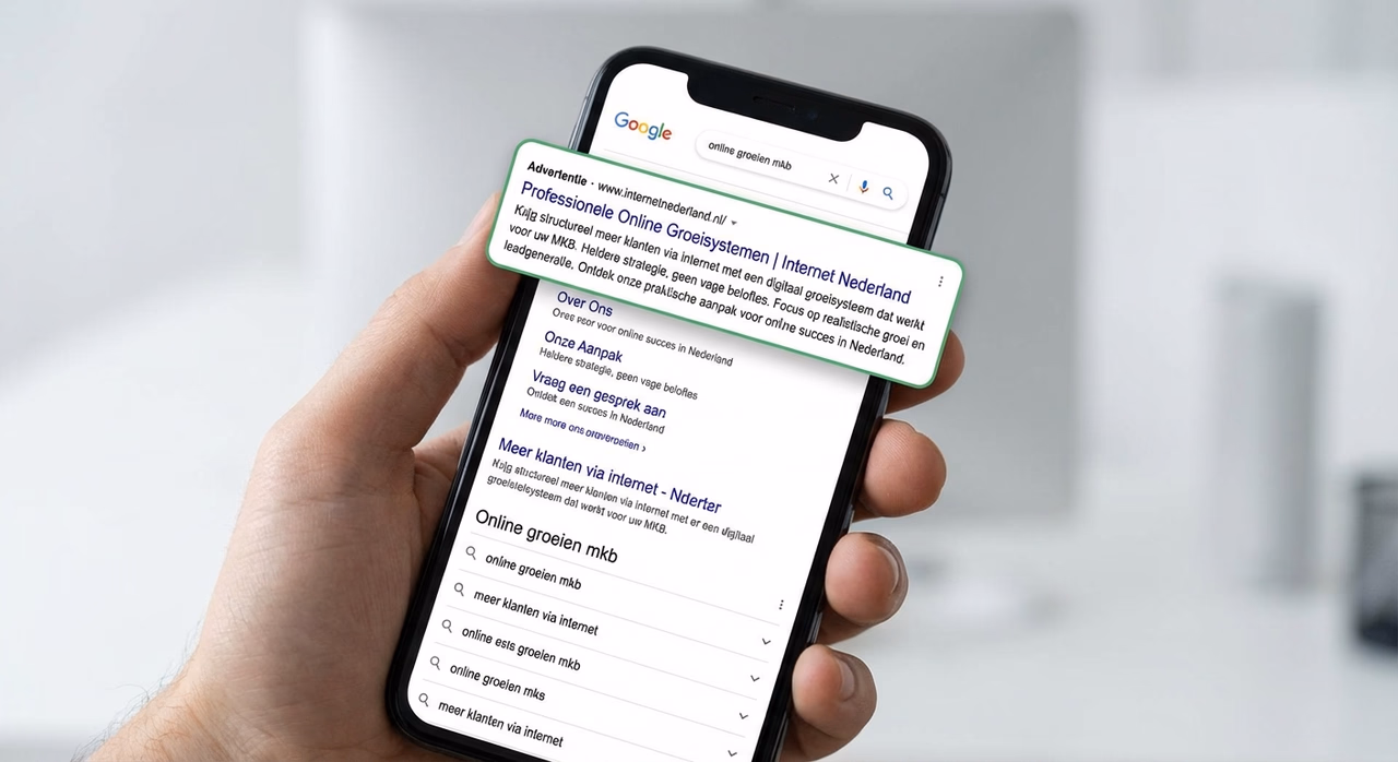 Google zoekopdracht met betaalde SEA-advertentie bovenaan zoekresultaten weergegeven op mobiel scherm