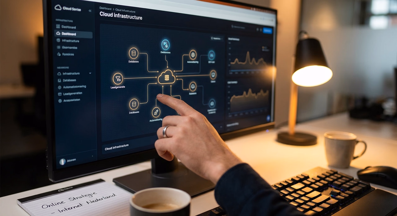 Cloud development dashboard met geïntegreerde systemen en automatisering zichtbaar Cloud development dashboard met geïntegreerde systemen en automatisering zichtbaar