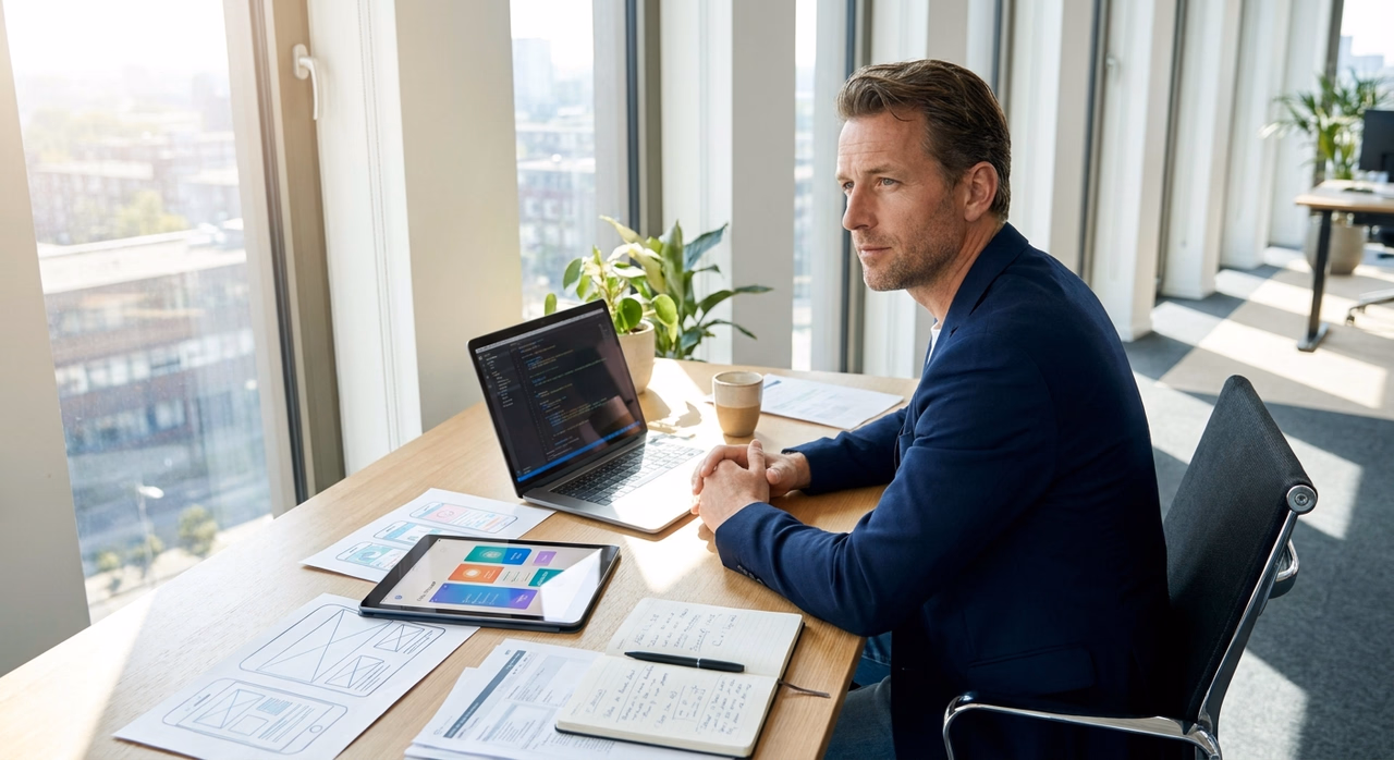 Dutch entrepreneur planning app development outsourcing at desk with laptop and wireframes Dutch entrepreneur planning app development outsourcing at desk with laptop and wireframes