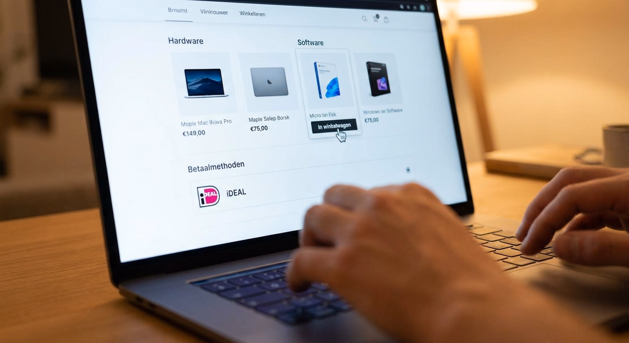 Webshop interface met iDEAL betaalmogelijkheid en winkelwagen op laptop scherm