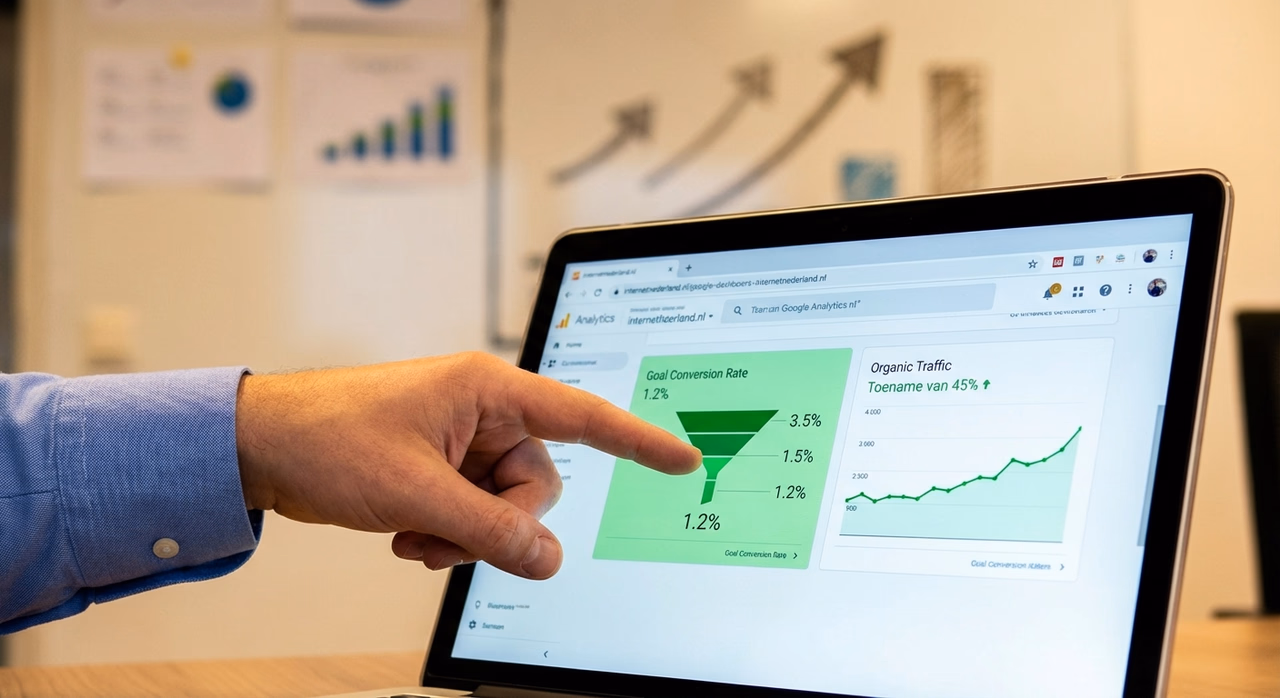 Detail van Google Analytics dashboard met stijgende organisch verkeer en conversiegegevens