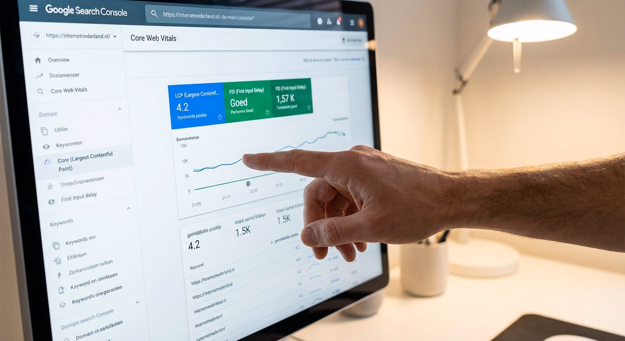 Hand pointing at Google Search Console metrics showing Core Web Vitals and SEO performance data
