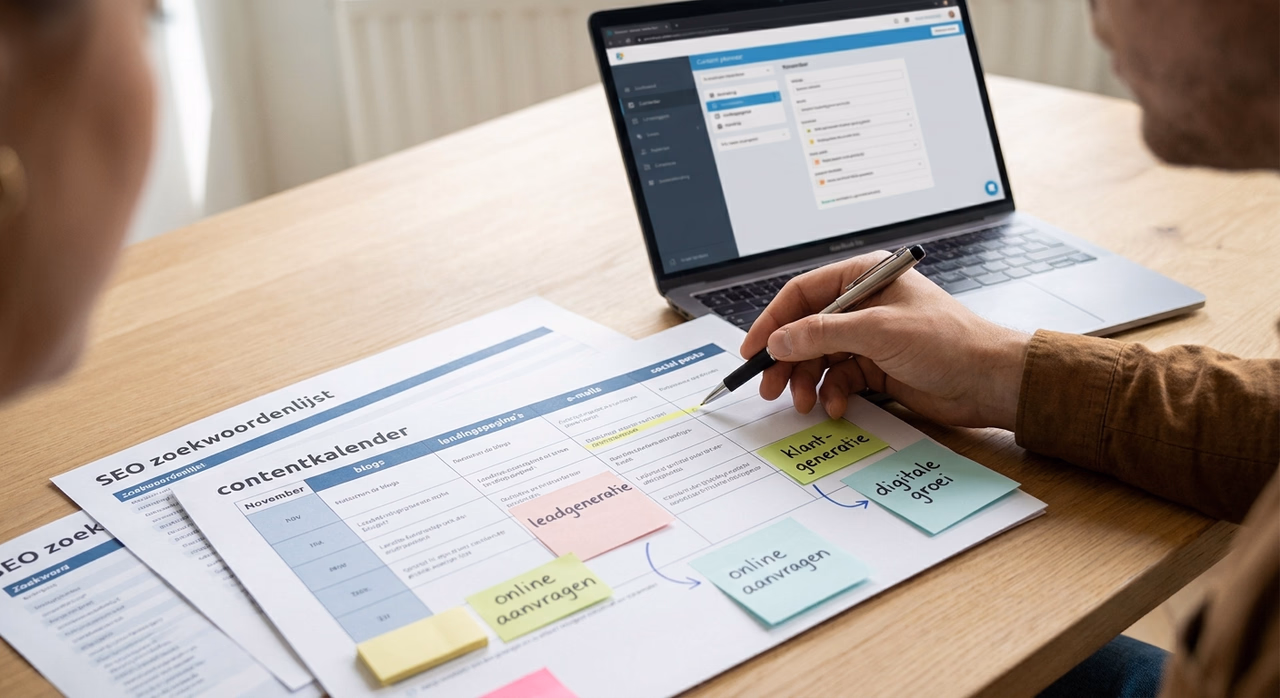 Bureau met contentkalender en laptop voor strategische content marketing planning Bureau met contentkalender en laptop voor strategische content marketing planning
