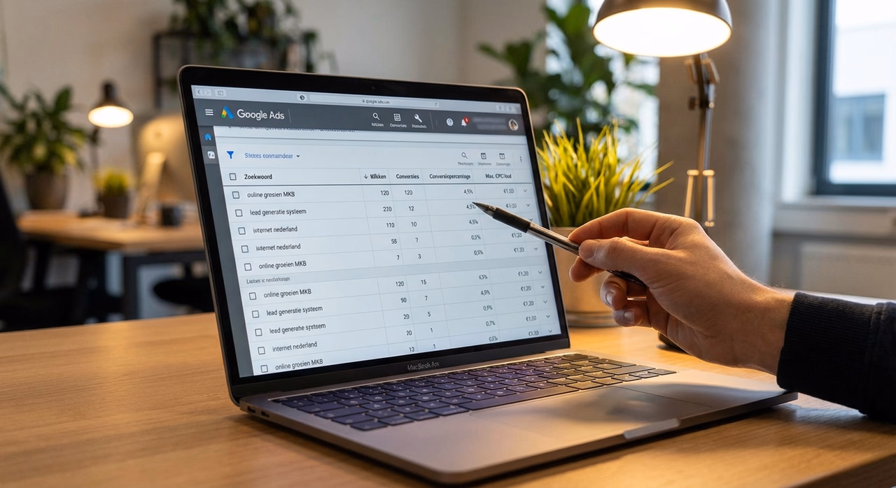 Close-up van Google Ads dashboard met zoekwoordgegevens en conversietracking analyse