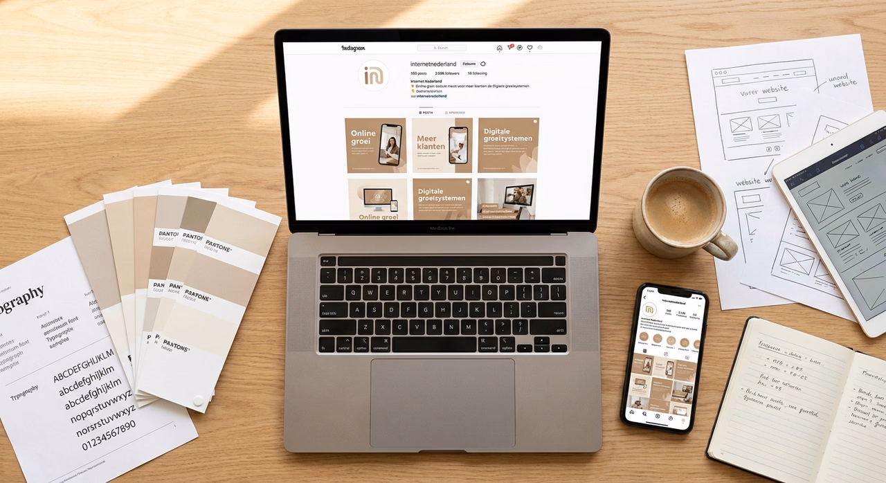 Professionele Instagram posts ontwerp op laptop en smartphone met huisstijl elementen Professionele Instagram posts ontwerp op laptop en smartphone met huisstijl elementen