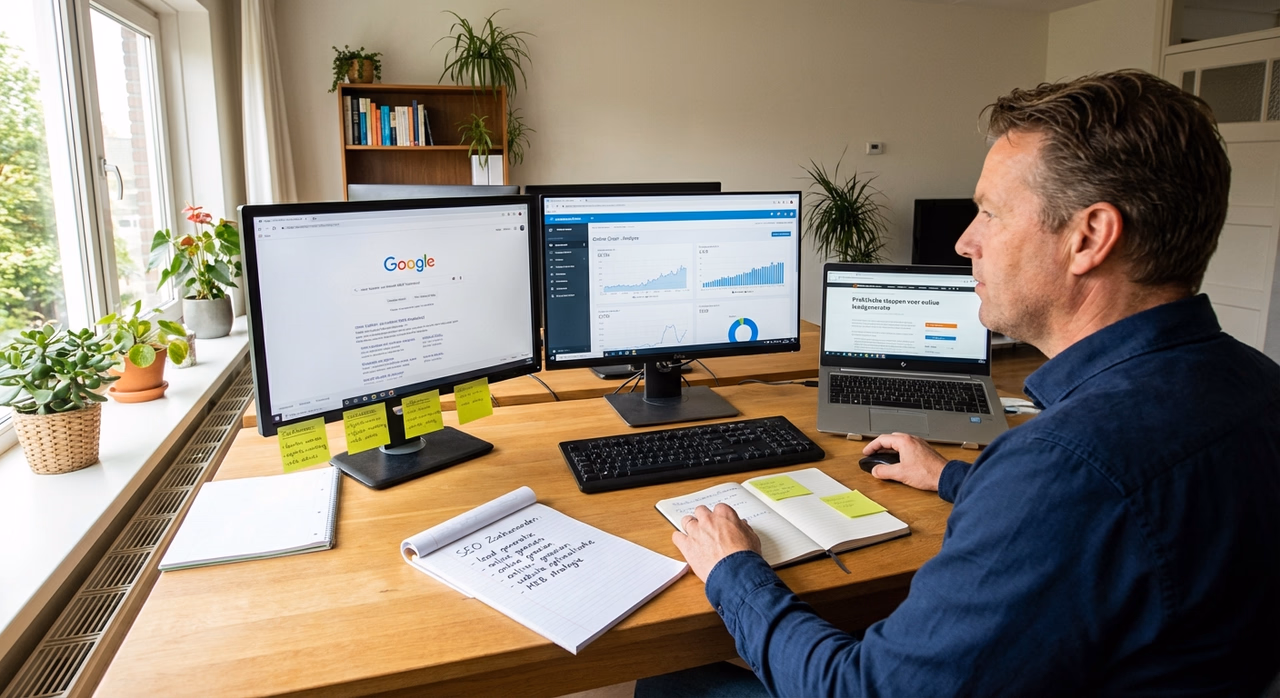 Ondernemer optimalisert SEO teksten op werkplek met keyword research tools en analytics