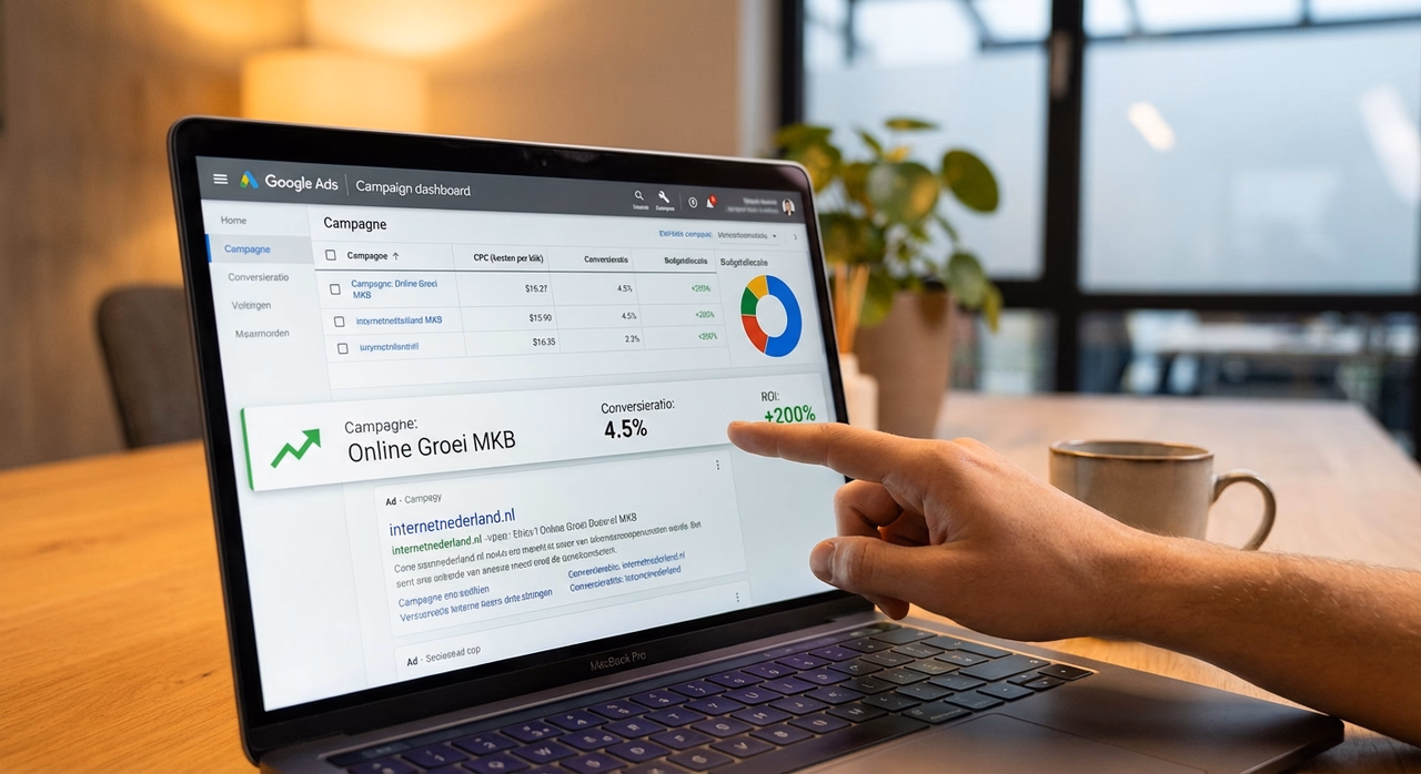 Close-up van SEA marketing prestaties met conversiedata en ROI metriek op scherm