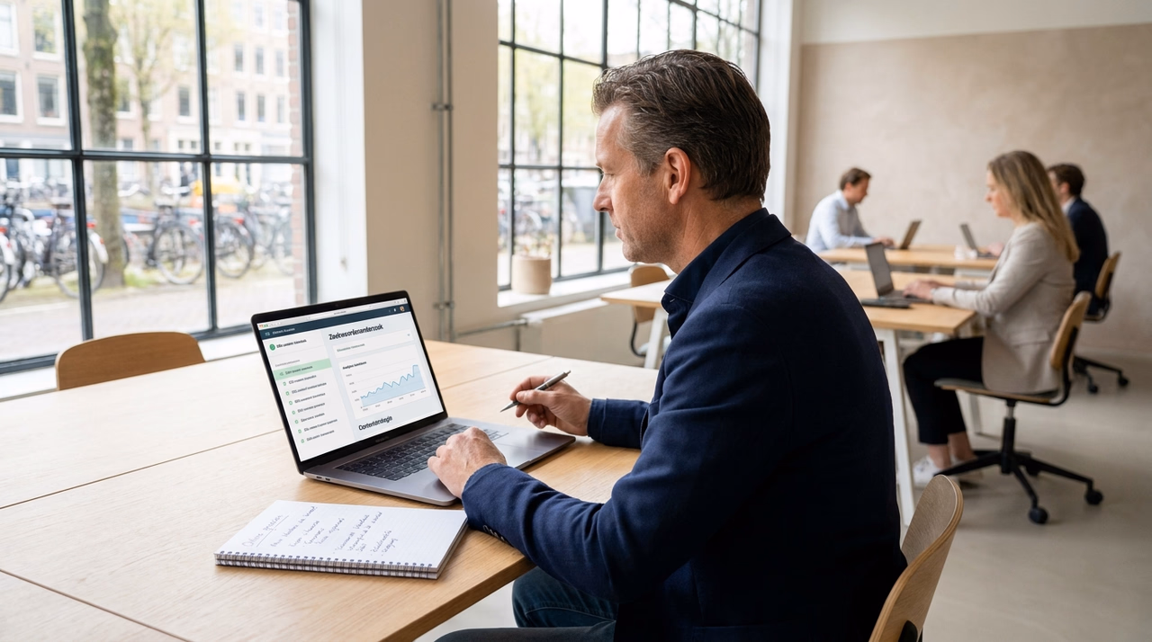MKB-ondernemer volgt online cursus SEO teksten schrijven op laptop MKB-ondernemer volgt online cursus SEO teksten schrijven op laptop