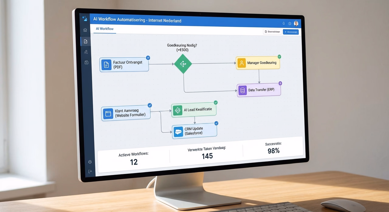 Close-up of AI workflow automation interface showing interconnected process flow diagram with approvals and data integration steps