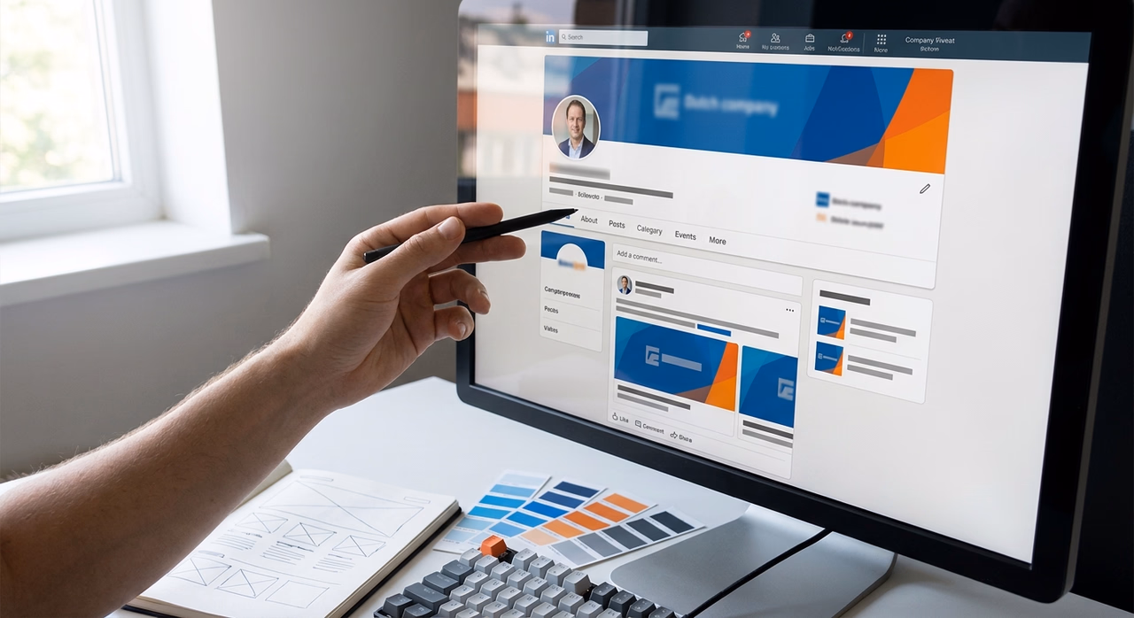 Detail van professioneel ingerichte LinkedIn bedrijfspagina met consistente branding