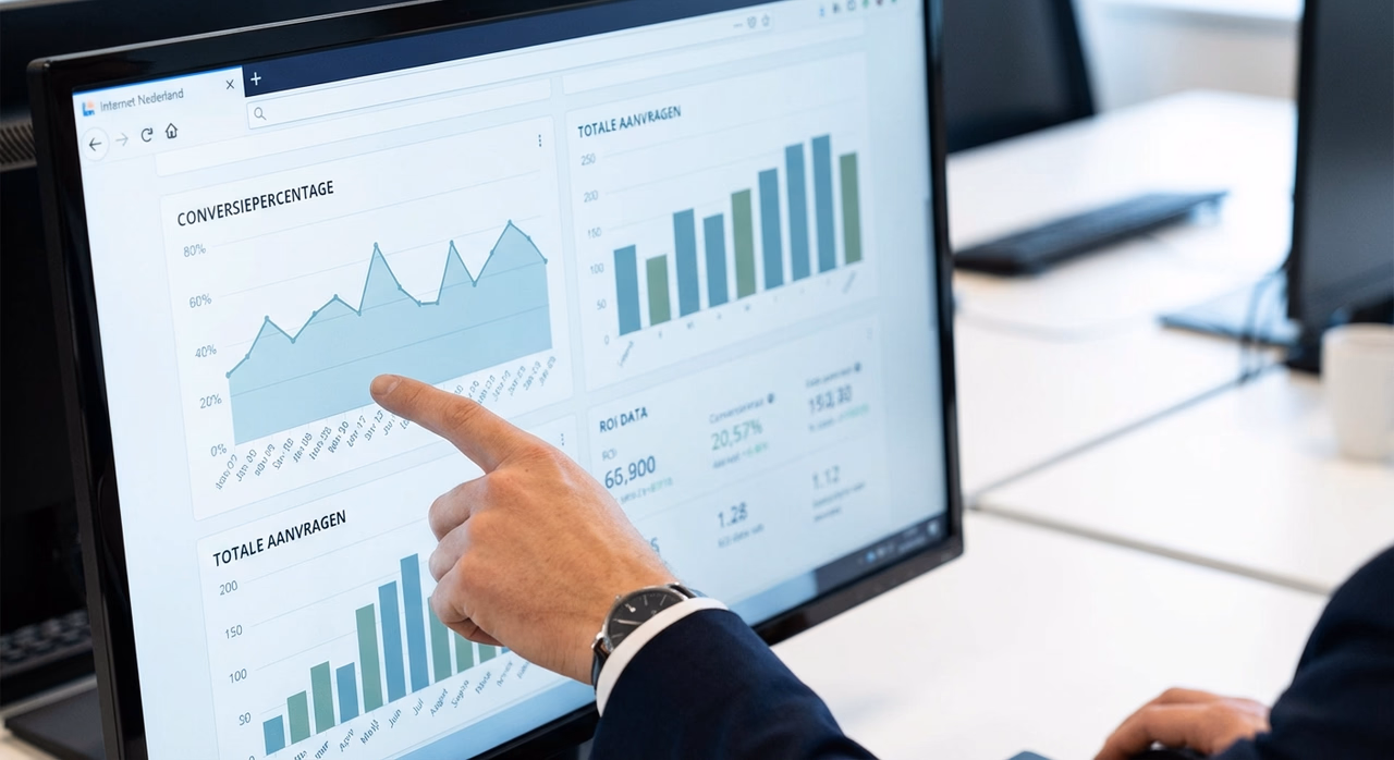 Marketingspecialist analyseert prestatiemetrics en ROI-data op dashboard