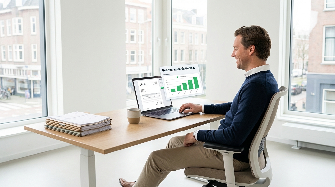 Ondernemer controleert geautomatiseerde offerte op computer, efficient offerteproces