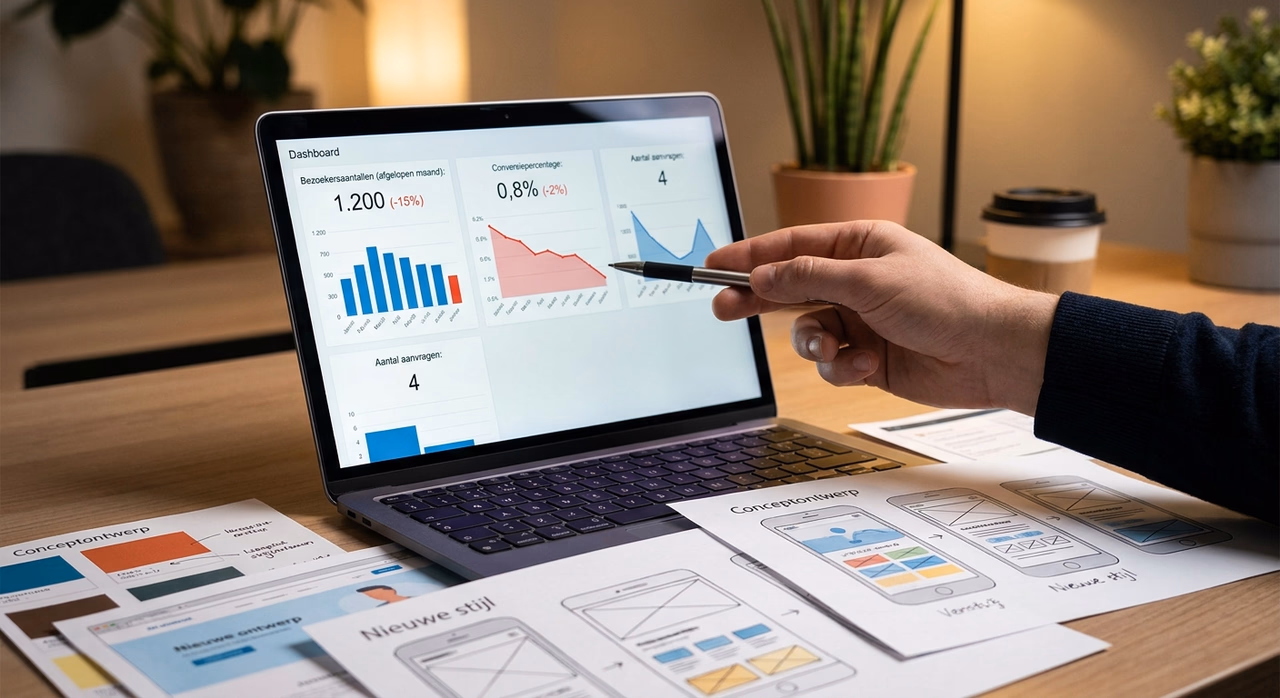 Analytics dashboard showing low conversion rates next to design portfolio mockups Analytics dashboard showing low conversion rates next to design portfolio mockups