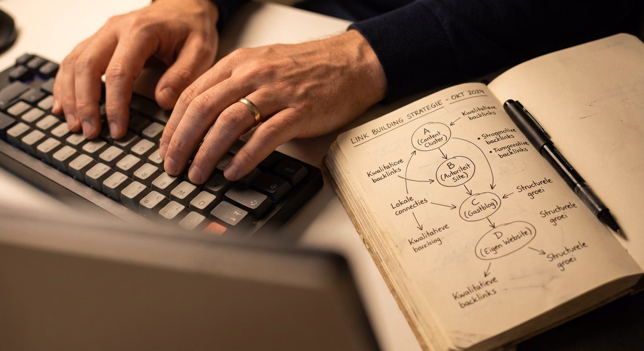 Handen schrijven linkbuilding strategie en website-verbindingen in notitieblok