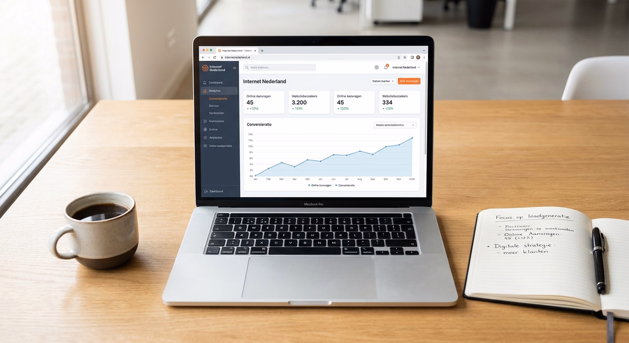 Conversie analyse dashboard op laptop met analytics metrics en grafieken op kantoor Conversie analyse dashboard op laptop met analytics metrics en grafieken op kantoor