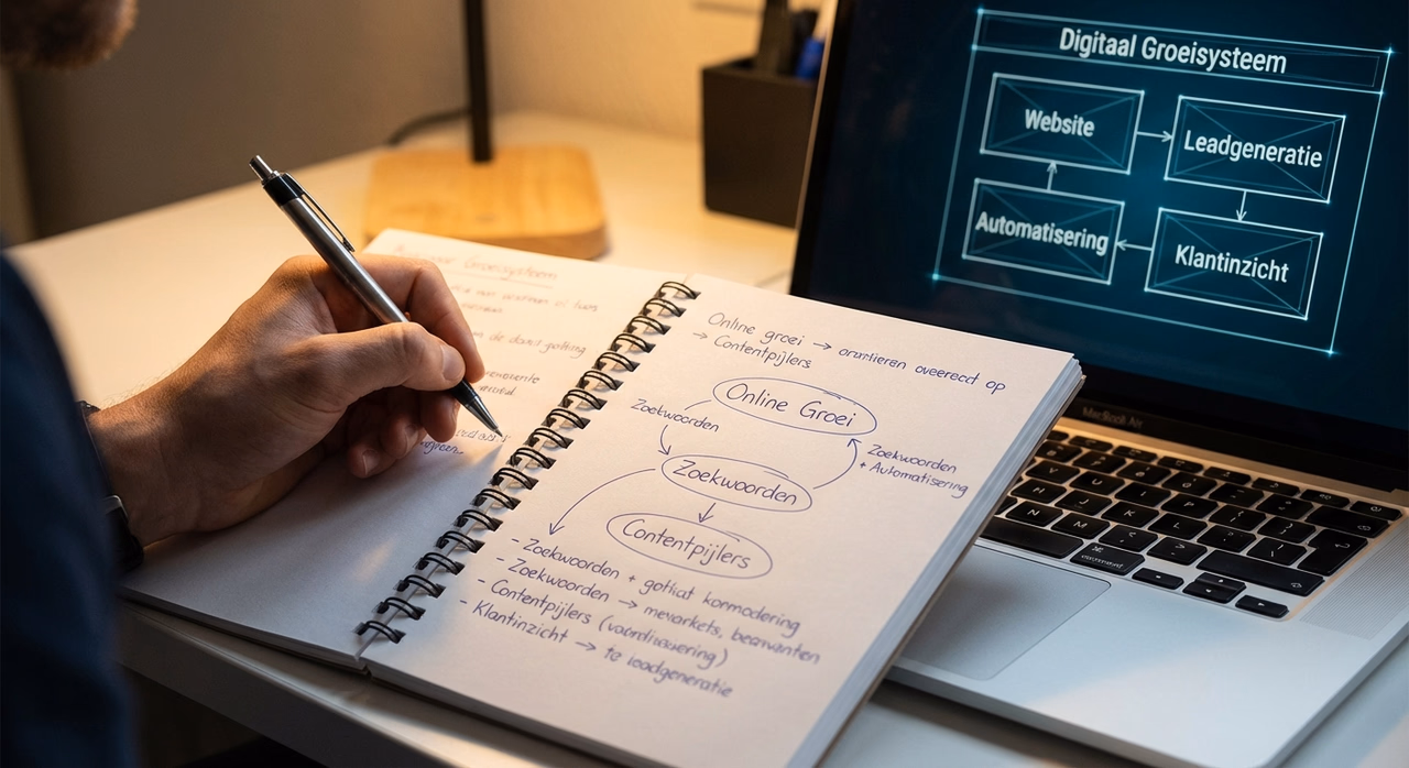 Detail van SEO planning met notities en content cluster strategie op computerscherm